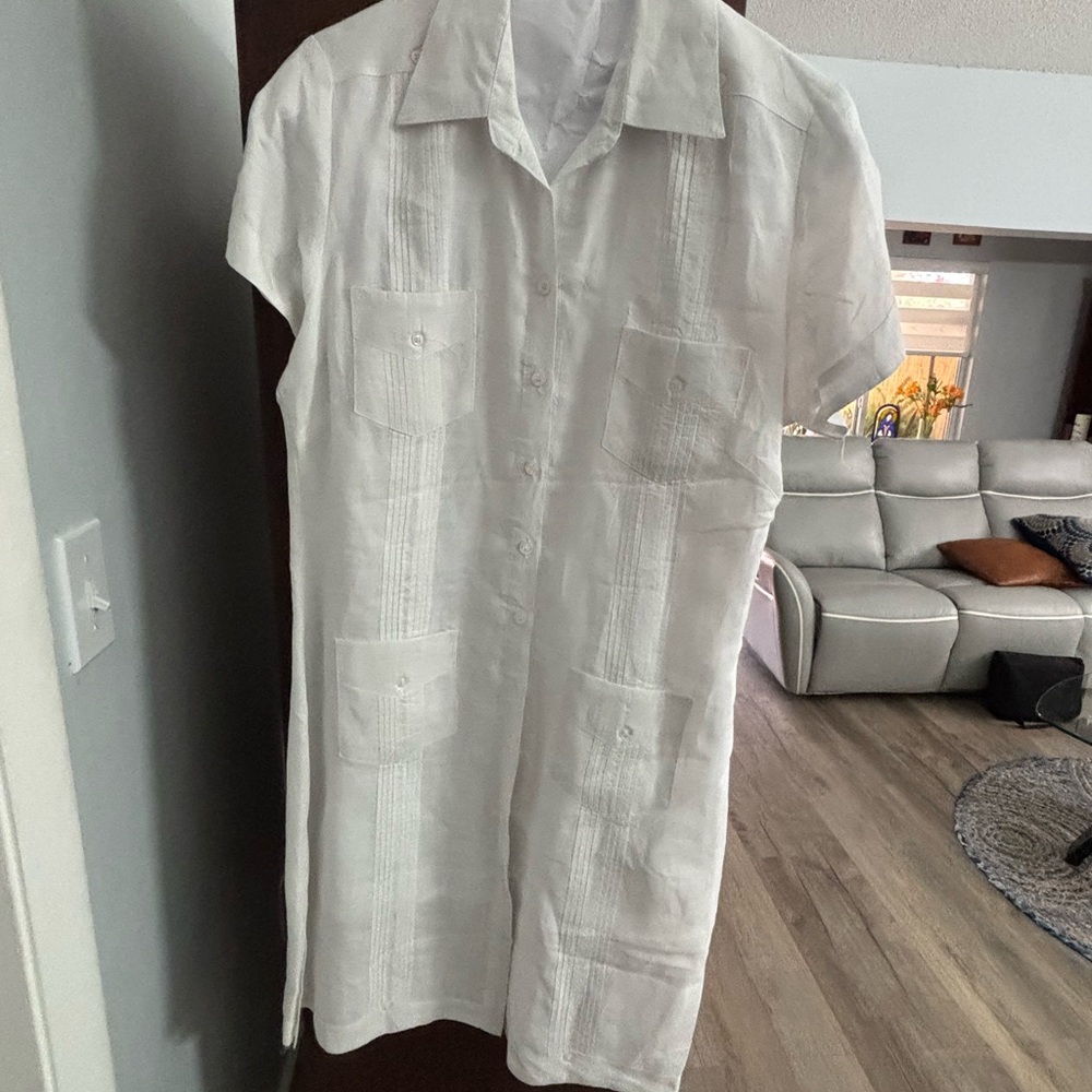 White Short Sleeve Button-Up Dress
